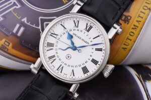 Luxurious analog wristwatch with Roman numerals and leather strap, close-up.